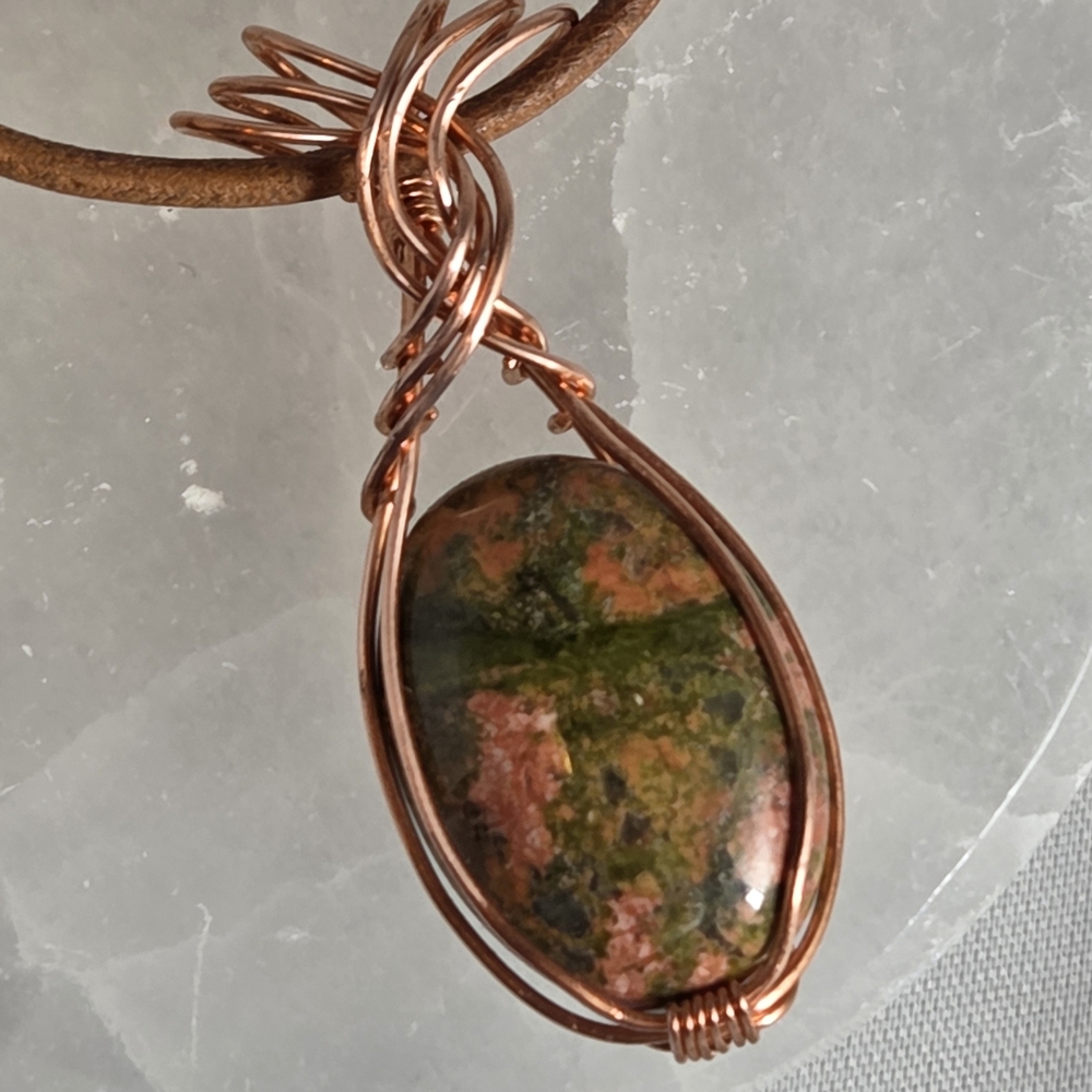 Unakite Wrapped In Raw Copper Wire Necklace